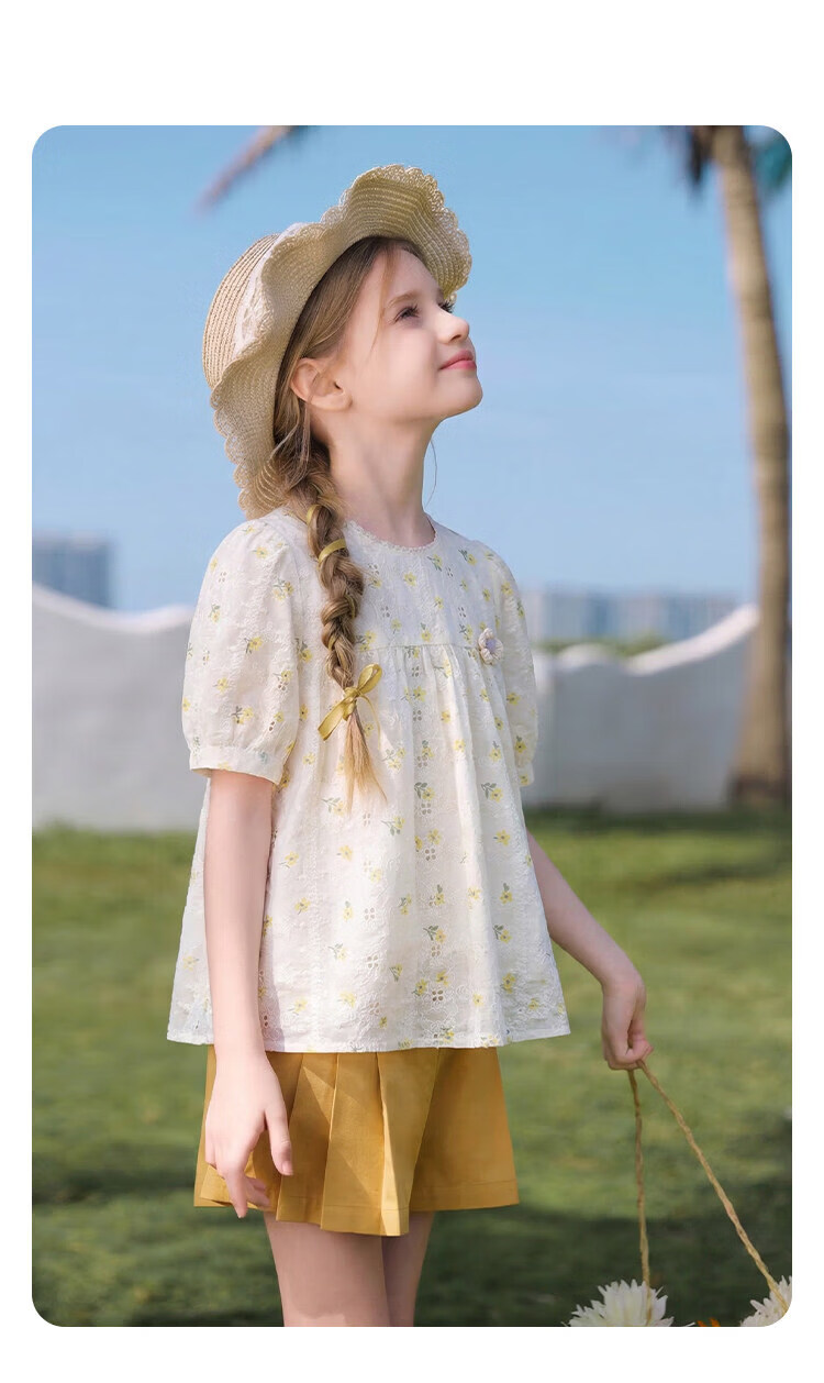 CHANZUIGOU Girls' Glutinous Yellow Floral Print Short Sleeve Top 2026 Summer New Stylish Versatile Shirt 15
